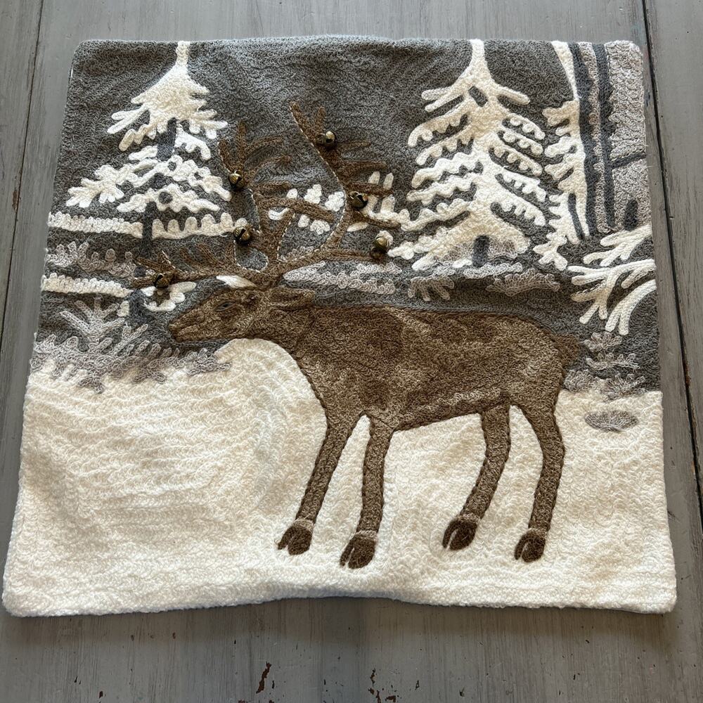 Pottery Barn Crewel Reindeer Moose Jingle Bells Gray White Pillowcase 18”x18”